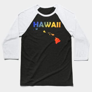 Colorful mandala art map of Hawaii with text in blue, yellow, and red Baseball T-Shirt